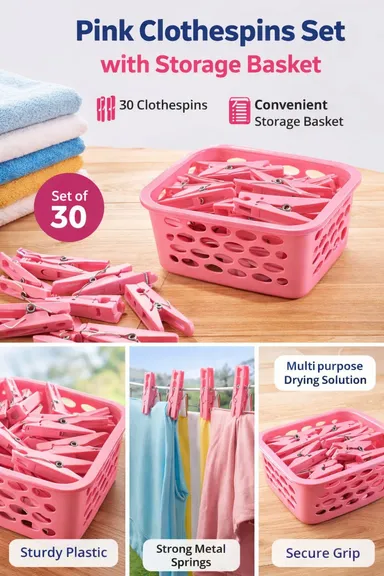 Plastic Clothes Peg Basket with Strong Grip Laundry Clips | Heavy Duty Plastic Cloth Clips with Steel Spring for Indoor Outdoor Drying thumbnail 2