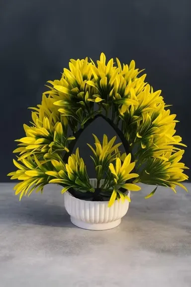 Yellow Artificial Flower Pot with Premium Faux Fabric Flowers and Ceramic Pot for Home Living Room Bedroom Office Table thumbnail 0