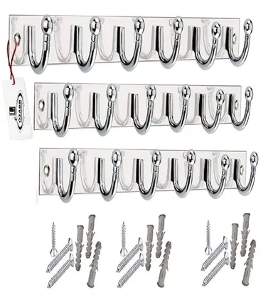 ONJECX Stainless Steel 6 Pin Goli Cloth Hanger Wall Mounted Bathroom Door Hook Rail for Clothes Towels Keys Khunti Heavy Duty Pack of 3 thumbnail 0