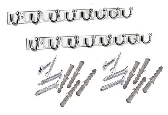 Stainless Steel |Aluminium 8-Pin Goli Cloth Hanger Wall Door Hooks Heavy Duty Bathroom Clothes Hooks Rails with Screws |Grips Pack of 2 Premium Rust-Resistant Mountable Rail image 1
