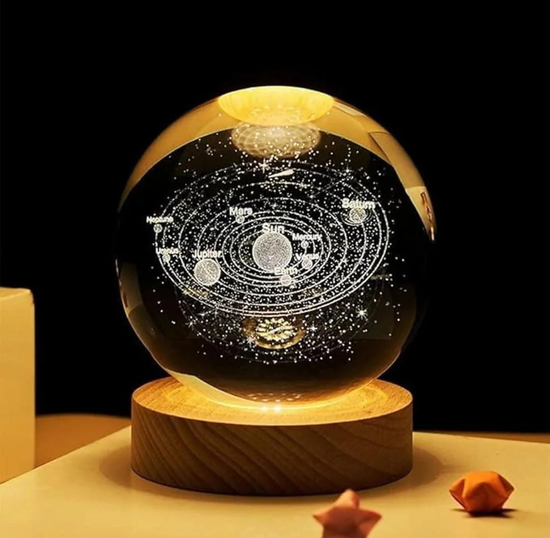 3D Crystal Solar System LED Lamp with Wooden Base, Galaxy Planet Engraved Night Light for Bedroom Decor, Study Table Gift Light image 1
