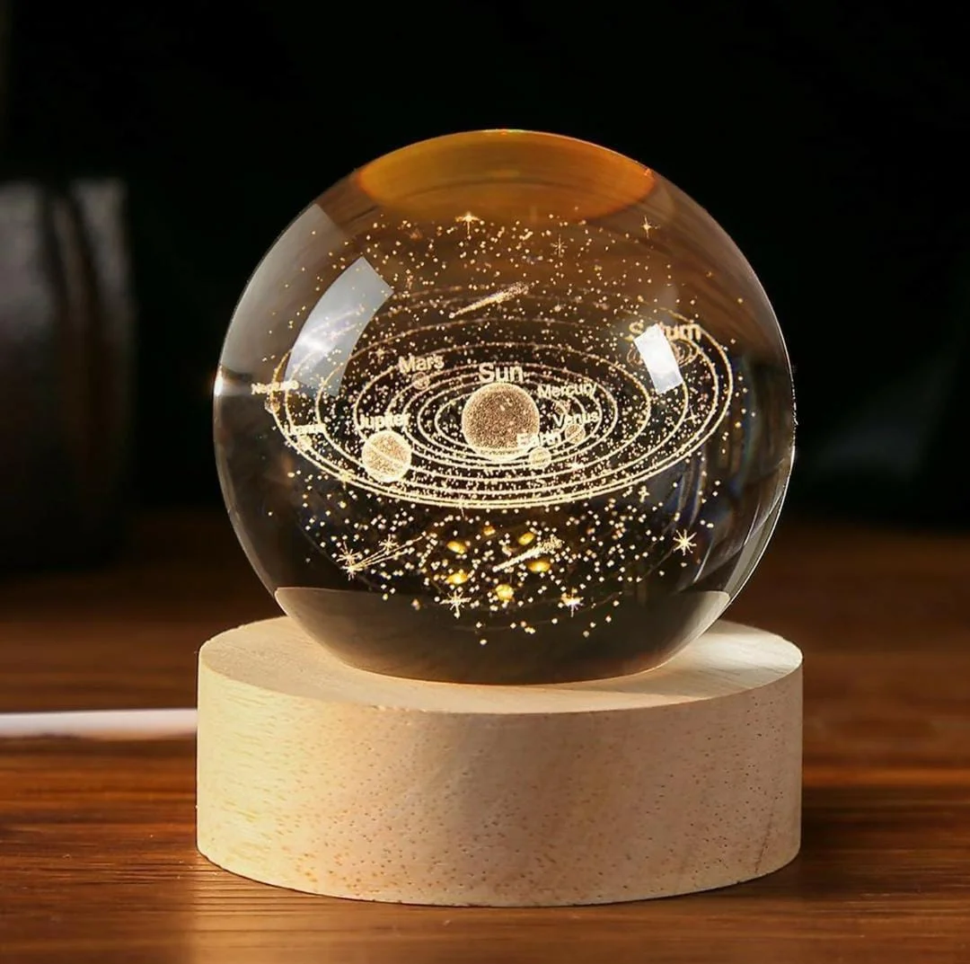 3D Crystal Solar System LED Lamp with Wooden Base, Galaxy Planet Engraved Night Light for Bedroom Decor, Study Table Gift Light image 2