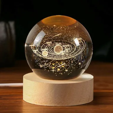 3D Crystal Solar System LED Lamp with Wooden Base, Galaxy Planet Engraved Night Light for Bedroom Decor, Study Table Gift Light  thumbnail 1