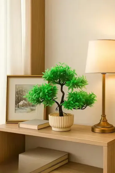 Mini Green Artificial Bonsai Tree with Twisted Trunk in Cream Pot for Home, Office, Tabletop & Gifting thumbnail 1