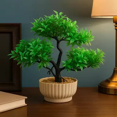 Mini Green Artificial Bonsai Tree with Twisted Trunk in Cream Pot for Home, Office, Tabletop & Gifting thumbnail 2