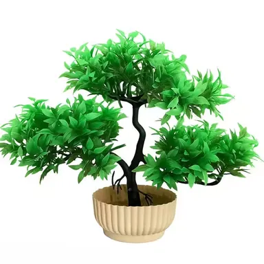 Mini Green Artificial Bonsai Tree with Twisted Trunk in Cream Pot for Home, Office, Tabletop & Gifting thumbnail 0