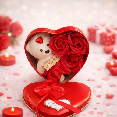 Romantic Red Heart Gift Box with Scented Soap Roses and Mini Teddy Bear Plus LED Light Up I Love You Greeting Card for Anniversary Birthday and Valentine thumbnail 1