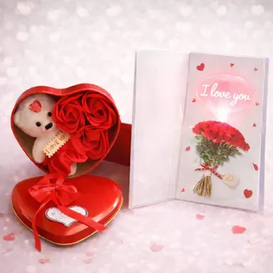 Romantic Red Heart Gift Box with Scented Soap Roses and Mini Teddy Bear Plus LED Light Up I Love You Greeting Card for Anniversary Birthday and Valentine thumbnail 2