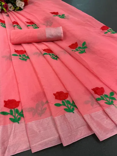 Premium Chanderi Embroidered Floral Saree with Running Blouse Piece | Lightweight Handcrafted Traditional Six Yard Ethnic Wear for Women | pink colour thumbnail 0