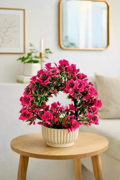 Artificial Pink Rose Flowers Arrangement in White Ceramic Pot 11 Inch Home Decor Floral Centrepiece Low Maintenance Tabletop Gift Idea thumbnail 3