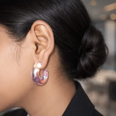 Pink Resin Chunky Hoop Earrings for Women and Girls | Lightweight Clear Aurora Borealis Jelly C-Hoops with Hypoallergenic Posts for Western Outfits and Y2K Fashion Glow thumbnail 1