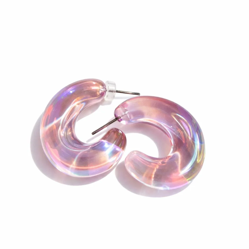 Pink Resin Chunky Hoop Earrings for Women and Girls | Lightweight Clear Aurora Borealis Jelly C-Hoops with Hypoallergenic Posts for Western Outfits and Y2K Fashion Glow image 3