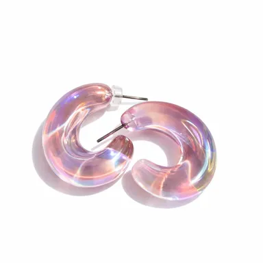 Pink Resin Chunky Hoop Earrings for Women and Girls | Lightweight Clear Aurora Borealis Jelly C-Hoops with Hypoallergenic Posts for Western Outfits and Y2K Fashion Glow thumbnail 2
