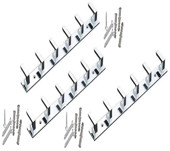 ONJECX Stainless Steel |Aluminium Heavy Duty 6-Pin Cloth Hanger Hooks for Bathroom Wall Door | Pack of 3 LHS06SS3 | Rust-Proof Laundry Towel Organizer Storage Hooks Rail Durable Hardware for Home image 1