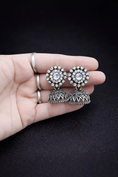 Elegant Oxidised Silver Floral Crystal Jhumka Earrings for Women Traditional Lightweight Party Wear Ethnic Danglers Wedding Festive Indian Jewellery Premium Oxidised Silver Bell Earrings thumbnail 1
