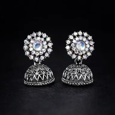 Elegant Oxidised Silver Floral Crystal Jhumka Earrings for Women Traditional Lightweight Party Wear Ethnic Danglers Wedding Festive Indian Jewellery Premium Oxidised Silver Bell Earrings thumbnail 0