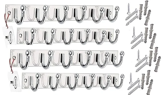 ONJECX Stainless Steel Premium 6 Pin Goli Cloth Hanger Wall Mounted Bathroom Hook Rail for Clothes Towels Keys Door Use Rust Resistant Heavy Duty Pack of 4 image 1