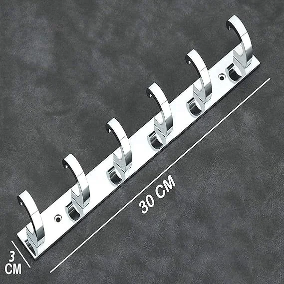 Premium 6‑PIN C‑Type Stainless Steel |Aluminium Cloth Hanger Hooks | Heavy‑Duty Bathroom Wall Door Hook Rail with Screws and Grips | Multi‑Use Towel Clothes Organizer Pack of 3 image 2