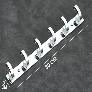 Premium 6‑PIN C‑Type Stainless Steel |Aluminium Cloth Hanger Hooks | Heavy‑Duty Bathroom Wall Door Hook Rail with Screws and Grips | Multi‑Use Towel Clothes Organizer Pack of 3 thumbnail 1
