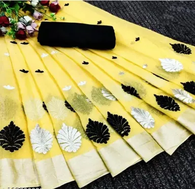 Designer Floral Woven Saree With All Over Motifs And Matching Blouse Piece For Wedding Festive Party Wear Women in yellow colour thumbnail 0