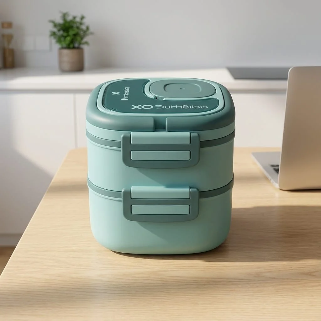 XO Outhelisis Double Layer Bento Lunch Box |Stackable 2-Tier Airtight Tiffin with Steam Vent, Leak-Proof Latches & Cutlery for Office, School & Travel |Sage Green image 1
