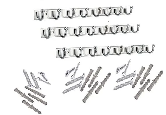 Premium Stainless Steel |Aluminium 8‑PIN Goli Wall |Door Cloth Hanger Hooks Pack of 3 with Screws |Grips |Heavy Duty Bathroom Towel Clothes Key Rail Organiser Durable Rust‑Resistant Mount image 1
