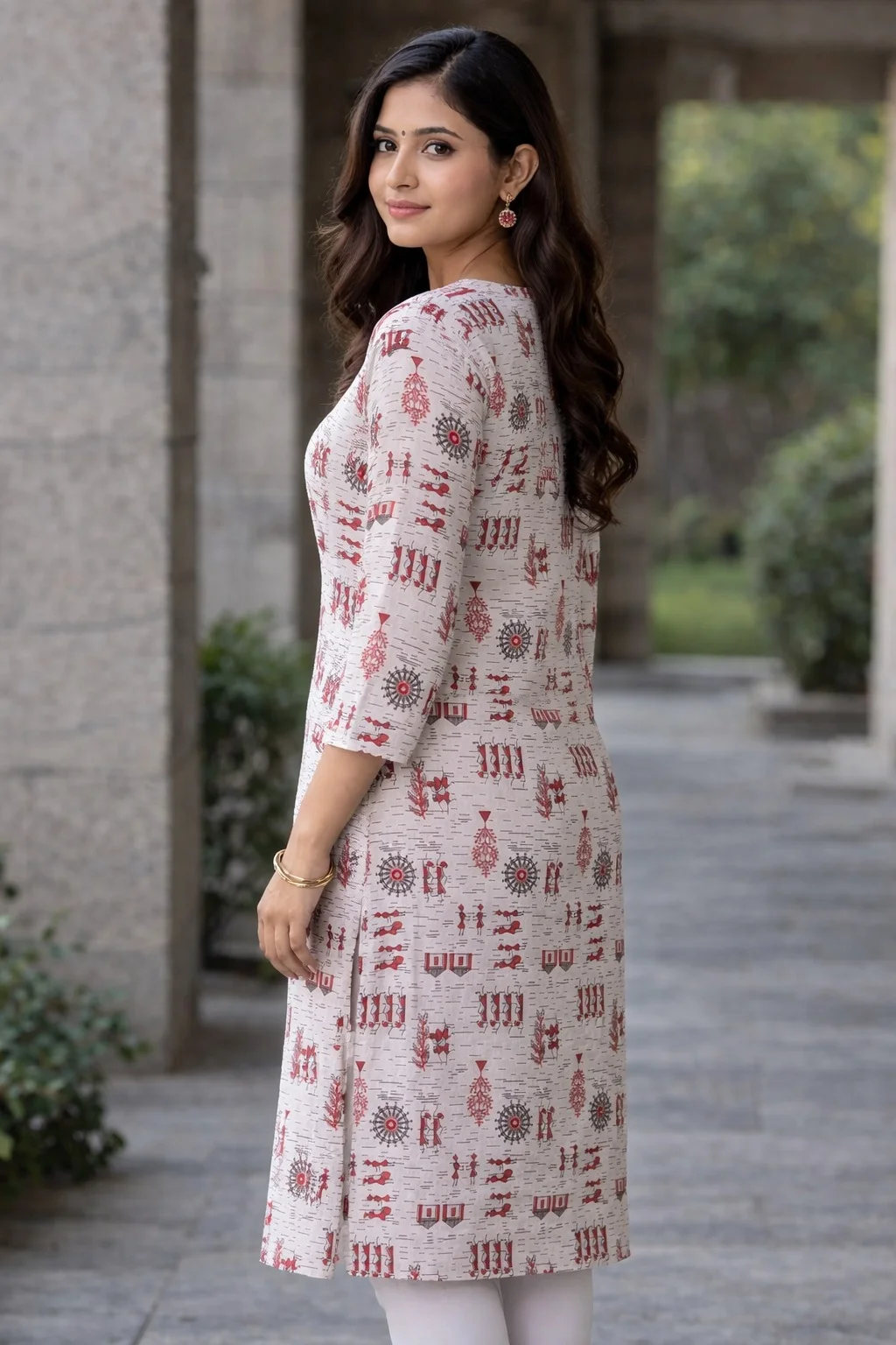 Women Cream Printed Straight Kurti with Red Ethnic Motifs | 3/4th Sleeve Casual Daily Wear Kurta image 2