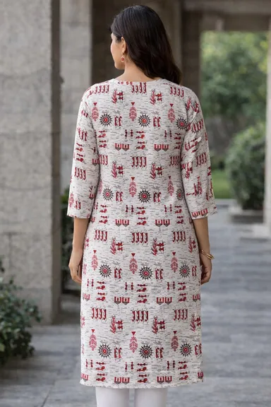 Women Cream Printed Straight Kurti with Red Ethnic Motifs | 3/4th Sleeve Casual Daily Wear Kurta thumbnail 2