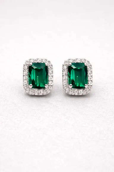 Elegant Sterling Silver Emerald Green Halo Stud Earrings Women CZ Gemstone Party Wedding Jewellery Lightweight Hypoallergenic Push‑Back Studs thumbnail 3