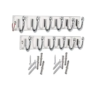 Premium 6-Pin Stainless Steel |Aluminium 6 Hook Cloth Hanger Wall Door Hooks for Bathroom Bedroom Kitchen Organiser with Screws and Grips |Pack of 2| Heavy Duty Rust-Resistant Multi Use Rail Hook image 1