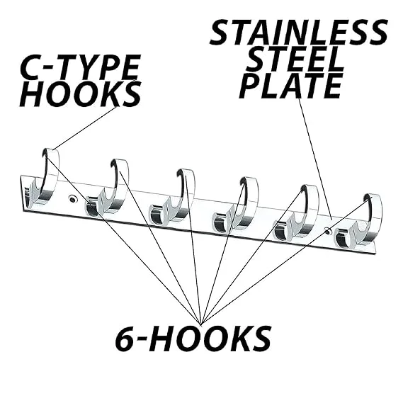Premium Stainless Steel |Aluminium 6‑Pin C‑Type Wall |Door Cloth Hanger Hooks Rail | Heavy Duty Bathroom Bedroom Kitchen Towel Coat Clothes Organizer Mount with Screws |Pack of 2 image 2