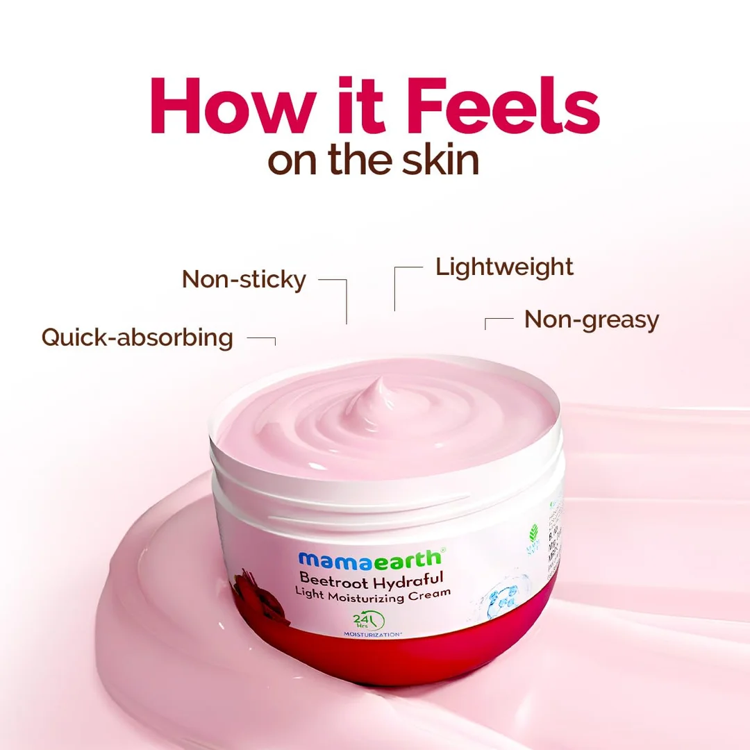 Mamaearth Beetroot Hydraful Light Moisturizing Cream with Beetroot & Hyaluronic Acid – 50g × 2 Pack | 24H Hydration, Quick Absorbing Non-Greasy Face, Hand & Body Moisturizer image 5