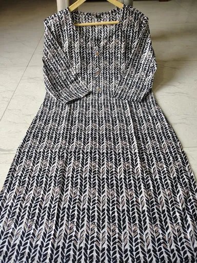 Women’s Black & Beige Leaf Print Cotton Long Kurti Dress with Buttoned Yoke, Full Sleeves, Flared Ankle Length Ethnic Wear for Daily & Festive use XXL Size thumbnail 0