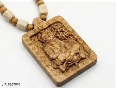 Bajrang Bali Hanuman Ji Tulseei Wood Mala Locket for Men and Women | Spiritual Beads Chain Necklace | Devotional Wooden Religious Jewelry | Handcrafted Hindu Puja Wear Mala Set thumbnail 1
