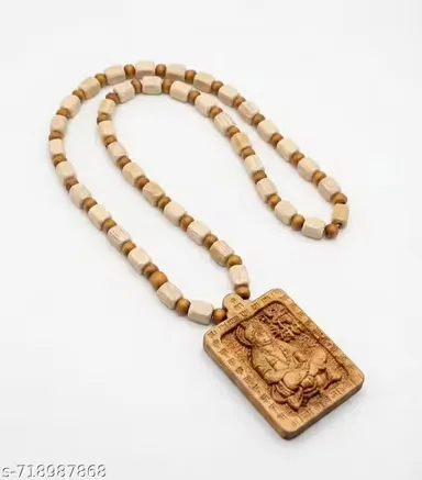 Bajrang Bali Hanuman Ji Tulseei Wood Mala Locket for Men and Women | Spiritual Beads Chain Necklace | Devotional Wooden Religious Jewelry | Handcrafted Hindu Puja Wear Mala Set thumbnail 0