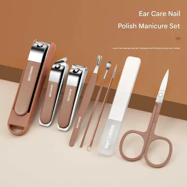 VibeZone 8-in-1 Professional Manicure Pedicure Kit |Black Stainless Steel Nail Clipper Set with Finger Plier|Pedicure & Nail Art Tools| Compact Grooming Kit for Fingernails and Toenails |Brown thumbnail 1