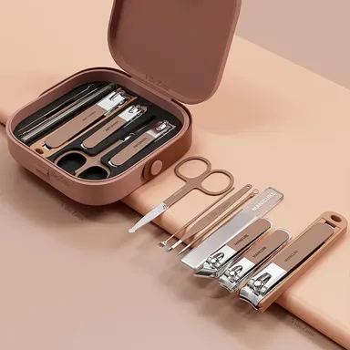VibeZone 8-in-1 Professional Manicure Pedicure Kit |Black Stainless Steel Nail Clipper Set with Finger Plier|Pedicure & Nail Art Tools| Compact Grooming Kit for Fingernails and Toenails |Brown thumbnail 4