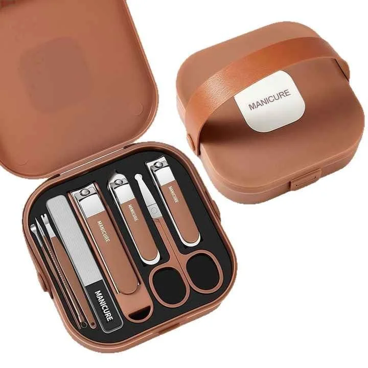 VibeZone 8-in-1 Professional Manicure Pedicure Kit |Black Stainless Steel Nail Clipper Set with Finger Plier|Pedicure & Nail Art Tools| Compact Grooming Kit for Fingernails and Toenails |Brown image 1