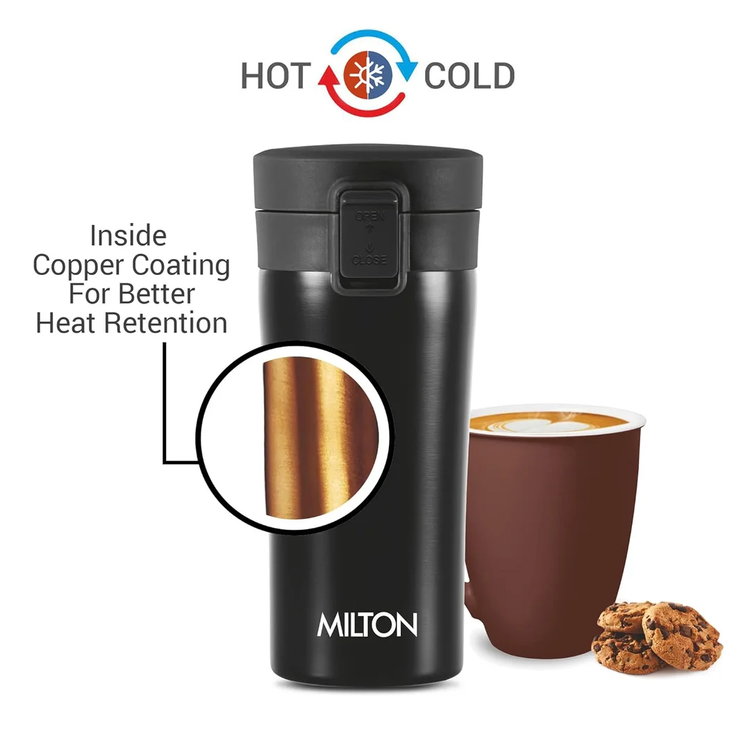 Milton Thermosteel Vacuum Insulated Travel Coffee Mug 300ml Black | Stainless Steel Leakproof Hot & Cold Cup | ISI Certified Spill Proof Travel Mug | Fits Car Cup Holder, Easy Sip Design image 2