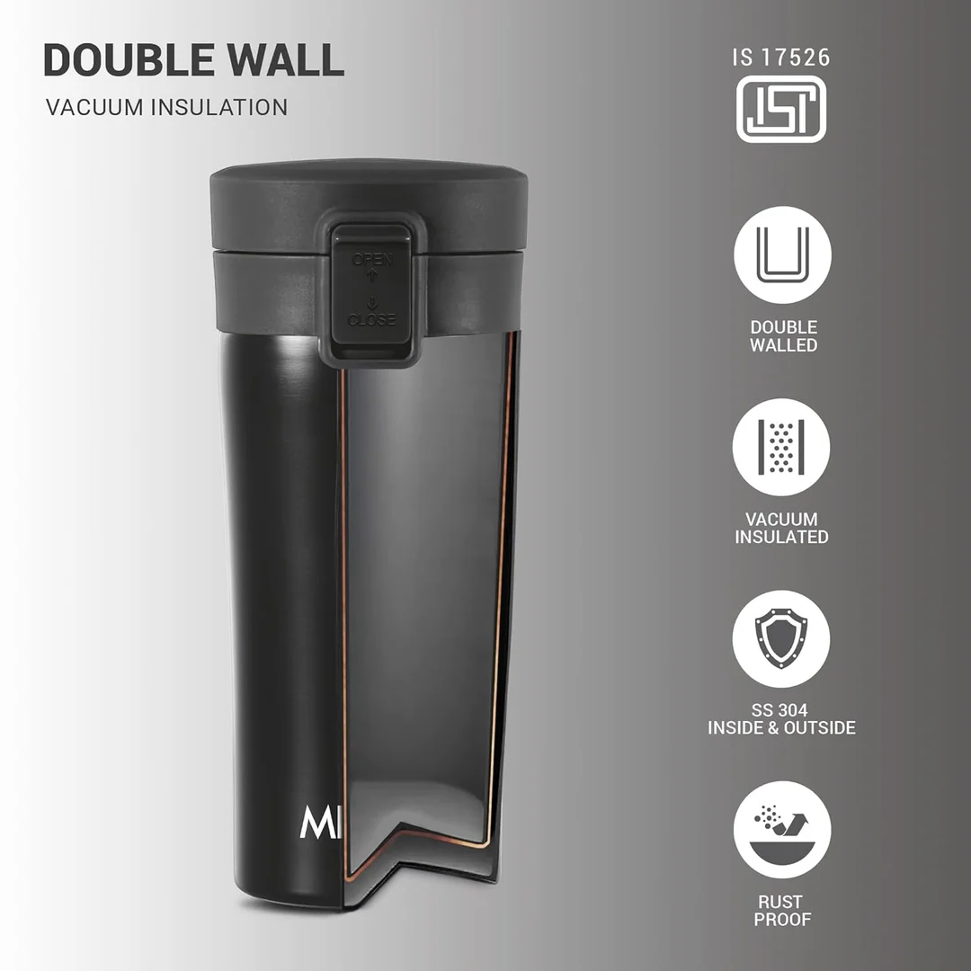 Milton Thermosteel Vacuum Insulated Travel Coffee Mug 300ml Black | Stainless Steel Leakproof Hot & Cold Cup | ISI Certified Spill Proof Travel Mug | Fits Car Cup Holder, Easy Sip Design image 3