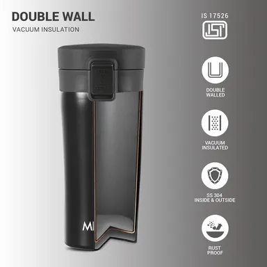 Milton Thermosteel Vacuum Insulated Travel Coffee Mug 300ml Black | Stainless Steel Leakproof Hot & Cold Cup | ISI Certified Spill Proof Travel Mug | Fits Car Cup Holder, Easy Sip Design thumbnail 2