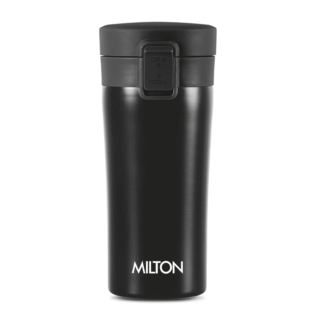 Milton Thermosteel Vacuum Insulated Travel Coffee Mug 300ml Black | Stainless Steel Leakproof Hot & Cold Cup | ISI Certified Spill Proof Travel Mug | Fits Car Cup Holder, Easy Sip Design image 1