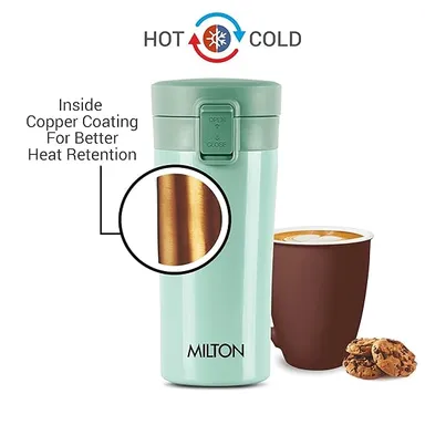 Milton Thermosteel Vacuum Insulated Travel Coffee Mug 400ml Light Green | Stainless Steel Leakproof Hot & Cold Cup | ISI Certified Spill Proof Travel Mug | Fits Car Cup Holder, Easy Sip Lid thumbnail 1