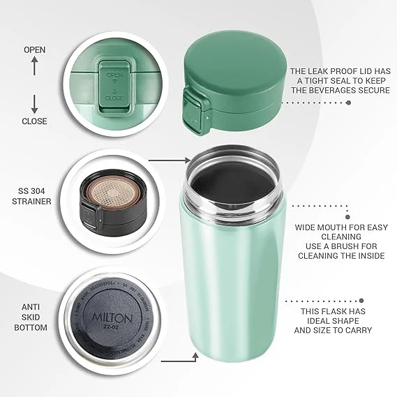 Milton Thermosteel Vacuum Insulated Travel Coffee Mug 400ml Light Green | Stainless Steel Leakproof Hot & Cold Cup | ISI Certified Spill Proof Travel Mug | Fits Car Cup Holder, Easy Sip Lid image 4