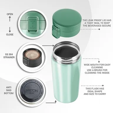 Milton Thermosteel Vacuum Insulated Travel Coffee Mug 400ml Light Green | Stainless Steel Leakproof Hot & Cold Cup | ISI Certified Spill Proof Travel Mug | Fits Car Cup Holder, Easy Sip Lid thumbnail 3