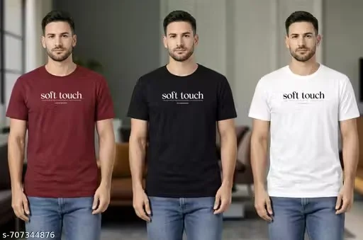 Soft Touch Men’s Cotton Round Neck T-Shirt Combo Pack of 3 – Casual Wear, Breathable Fabric, Comfort Fit, Stylish Maroon, Black & White Tees for Daily Use in India image 1