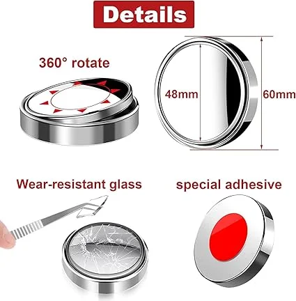 VibeZone 360° Rotatable Blind Spot Mirror Pair for Cars, Universal Fit Left |Right ORVM Safety Mirror, Silver Convex Wide Angle Parking Aid image 2