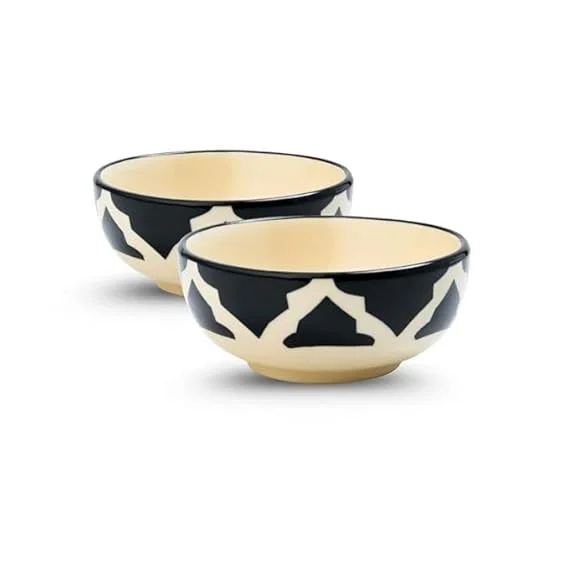 VibeZone Ceramic Snack |Dessert Bowl Set of 2 | 125 ml Multipurpose Japanese European Style Crockery | Stackable Microwave |Dishwasher Safe Black Ceramic Bowls for Snacks Dips |Gifts in India image 1