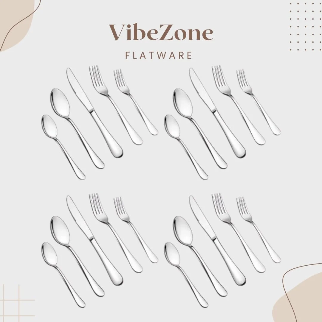 VibeZone Stainless Steel Flatware Set 20 Pieces | Serrated Knives, Forks & Spoons | Rust-Resistant, Mirror Finish, Dishwasher Safe | Elegant Dining, Weddings & Daily Use image 1