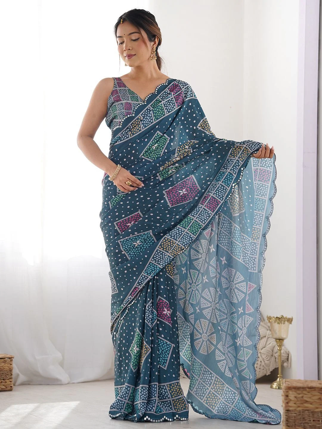 Netra Fashion A59 Heavy Georgette Silk Printed Saree with Mirror Work Border and Unstitched Blouse for Wedding Party Festive Wear image 3